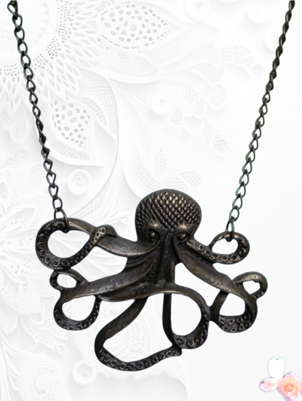 Octopus Pendant Necklace Figural Nautical Long Chain Bronze Tone 927